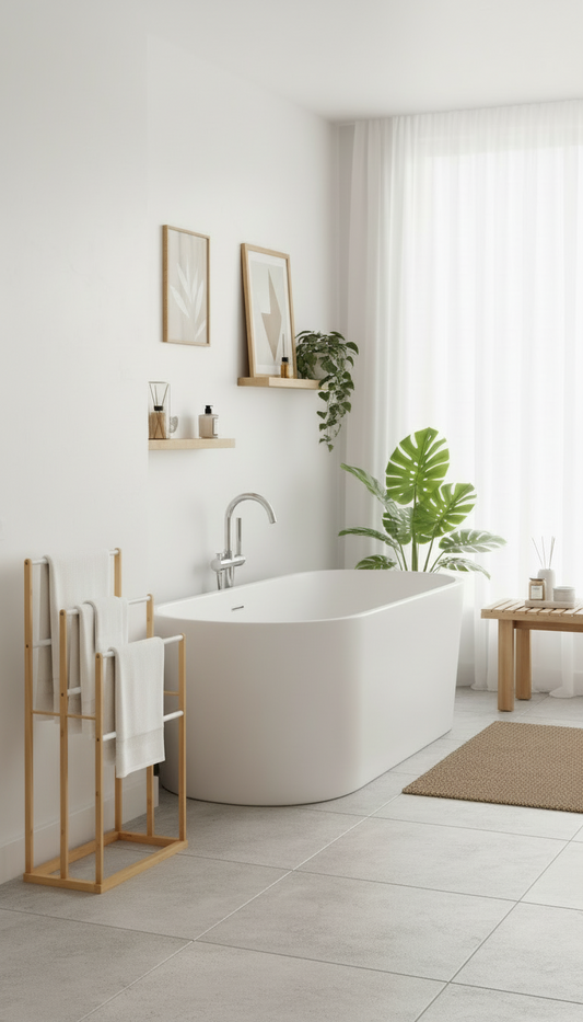 Handdoekenrek van bamboe hout - bruin en wit