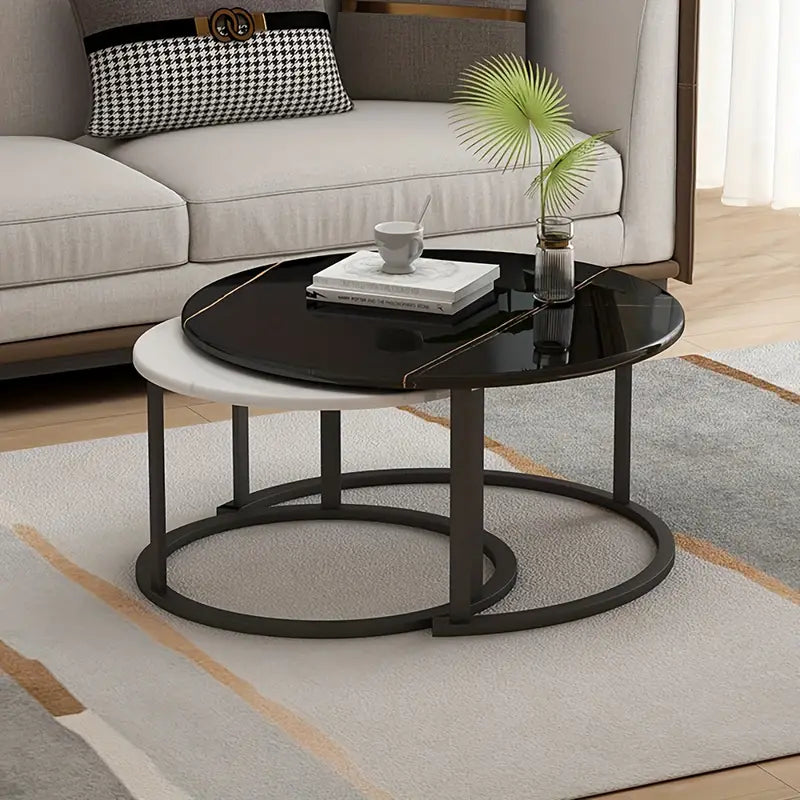 Elegance in Contrast: Set of 2 Round Nesting Marble Coffee Tables in Style9: Black and White-2