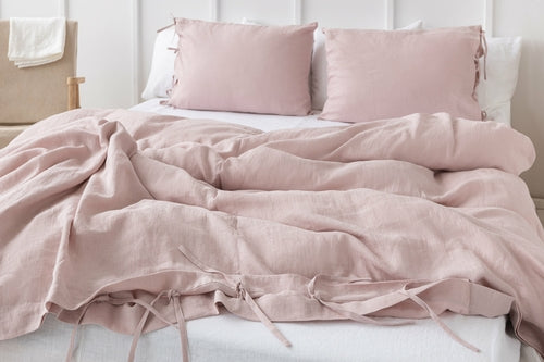 100% linnen dekbedovertrek met strik sluiting - pastel roze
