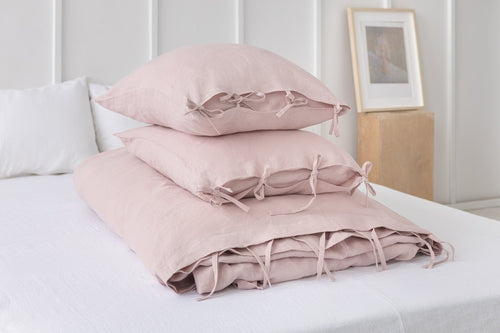 100% linnen dekbedovertrek met strik sluiting - pastel roze