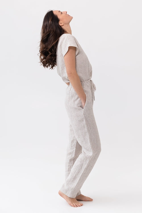 100% linnen pyjama lounge dames - gestreept licht beige
