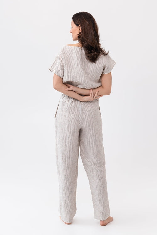 100% linnen pyjama lounge dames - gestreept licht beige