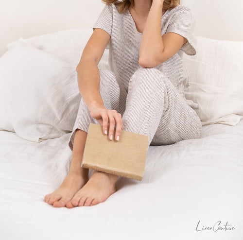 100% linnen pyjama lounge dames - gestreept licht beige