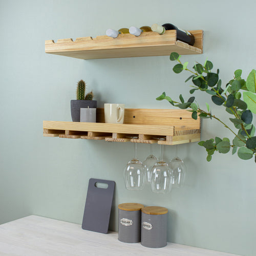 Multifunctionele keuken wandrek 2-delige set voor glazen en wijn - massief grenen hout
