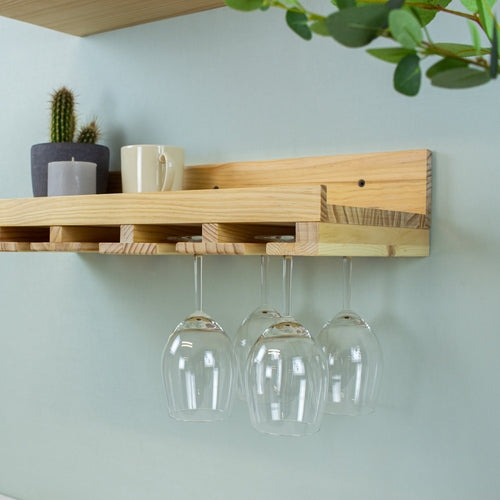Multifunctionele keuken wandrek 2-delige set voor glazen en wijn - massief grenen hout