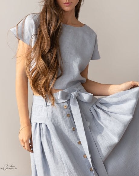 100% linnen set croptop en midi rok - puur wit