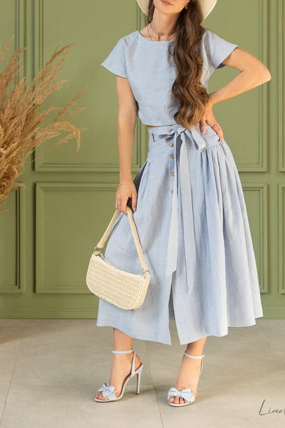 100% linnen set croptop en midi rok - puur wit
