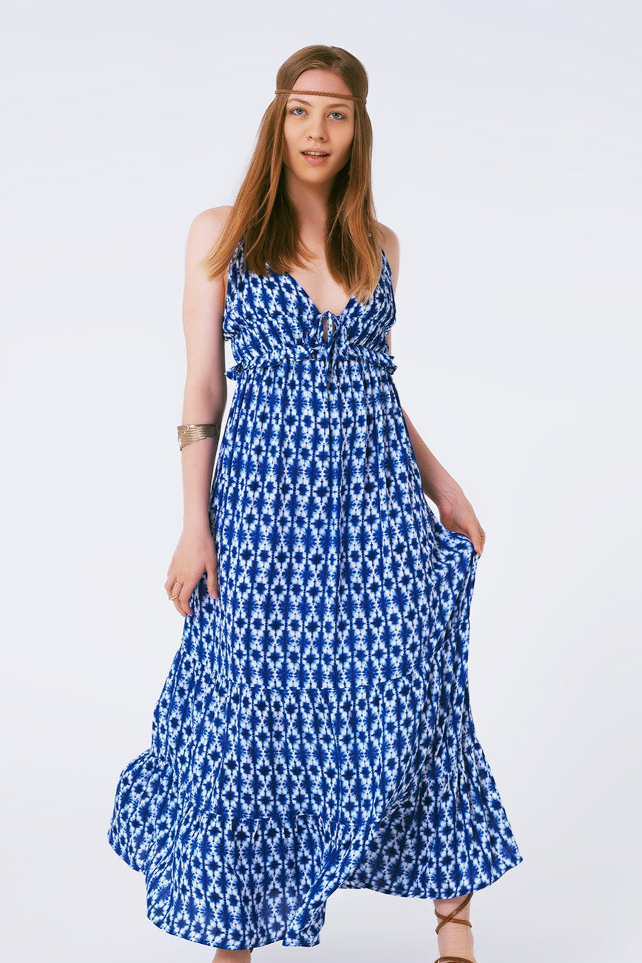 Maxi jurk boho met spaghetti bandjes - abstract blauw