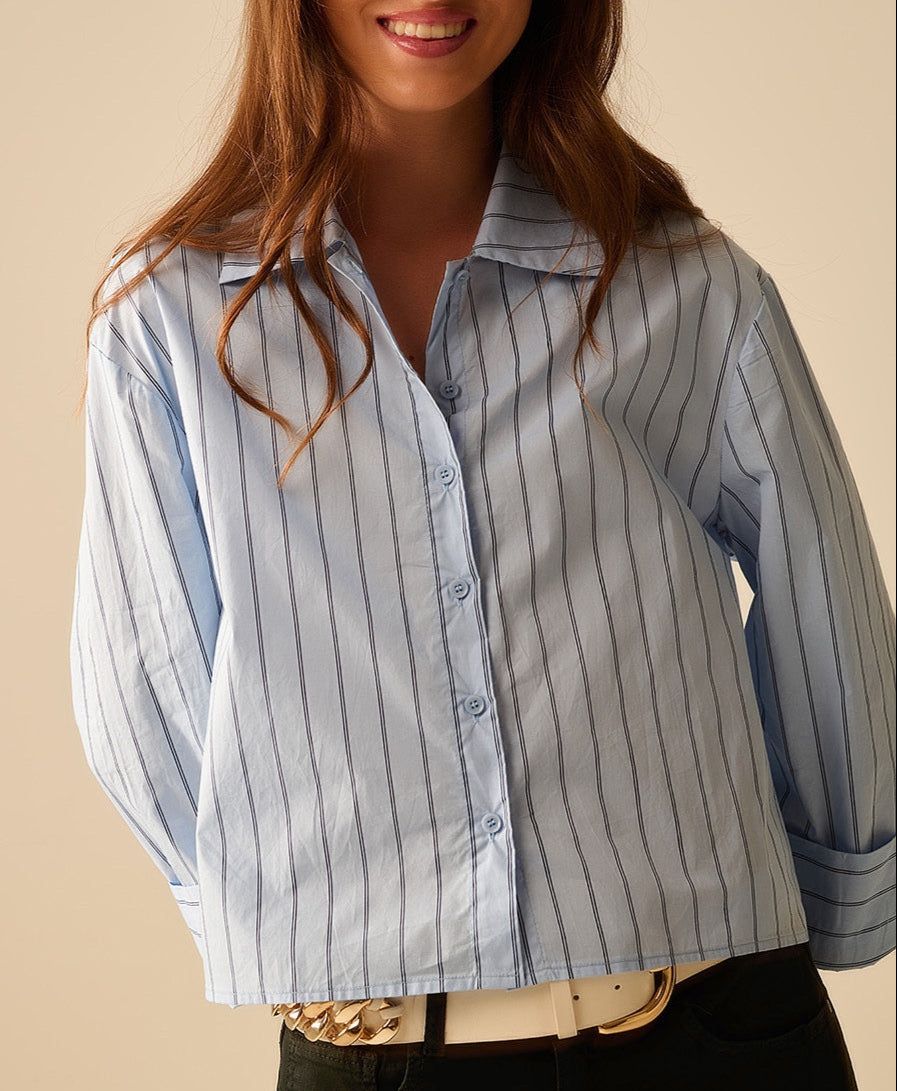 Cropped blouse met verticale strepen blauw - 100% katoen
