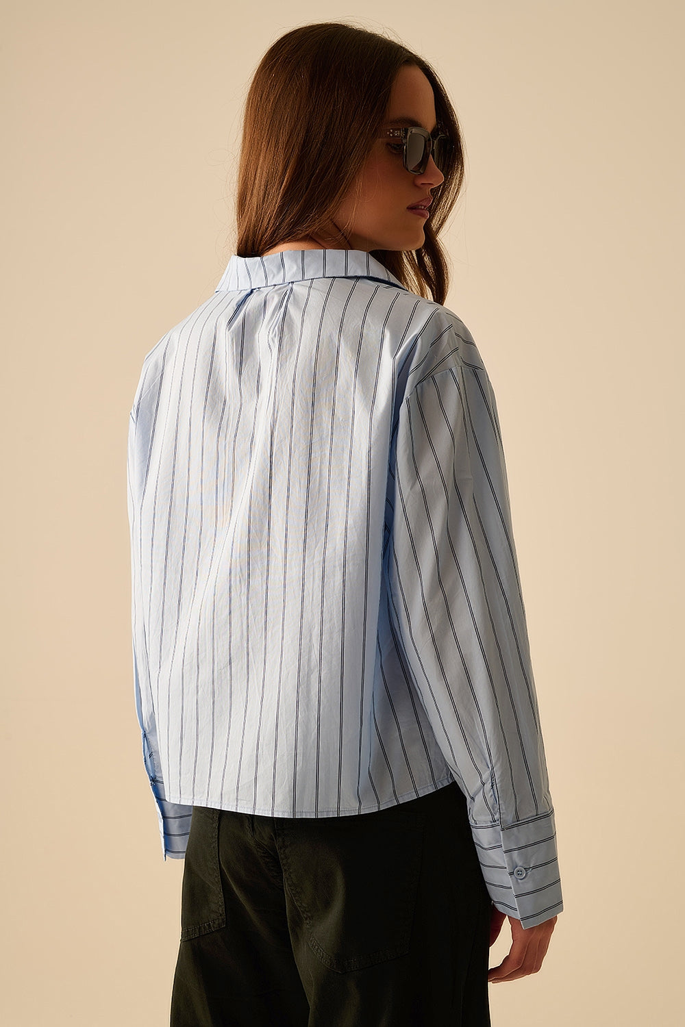 Cropped blouse met verticale strepen blauw - 100% katoen