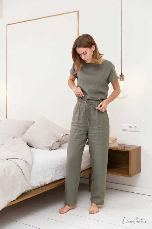100% linnen pyjama lounge dames - safari groen