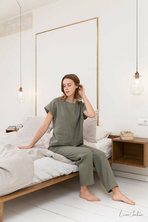 100% linnen pyjama lounge dames - safari groen