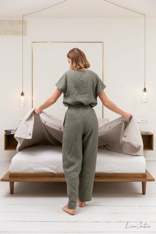 100% linnen pyjama lounge dames - safari groen