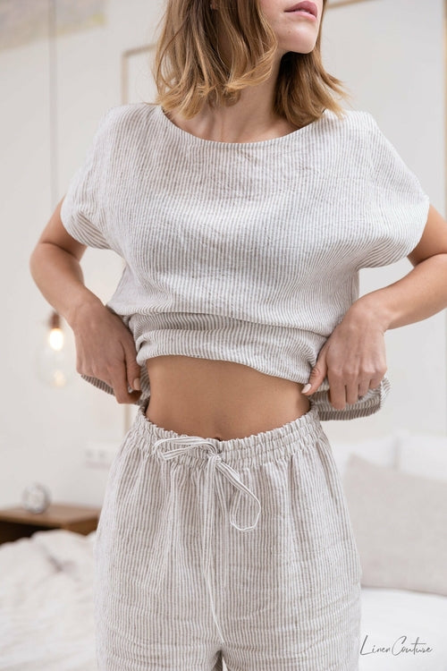 100% linnen pyjama lounge dames - gestreept licht beige