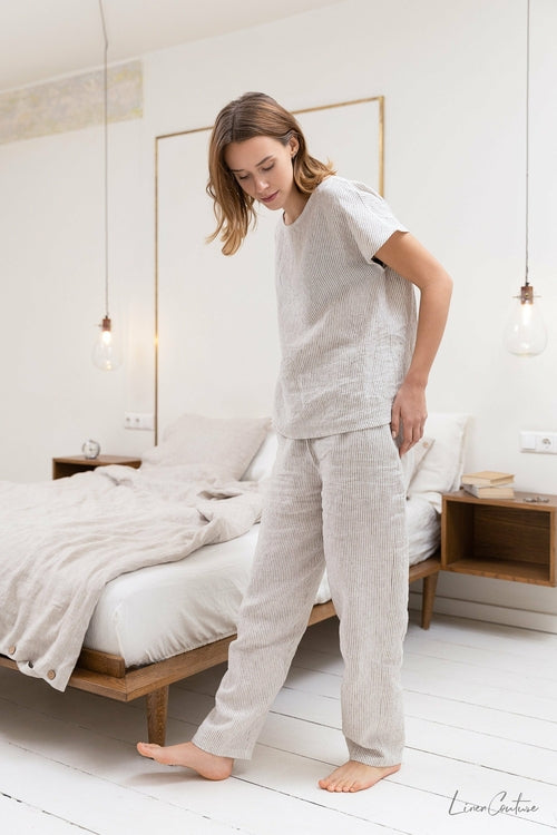 100% linnen pyjama lounge dames - gestreept licht beige