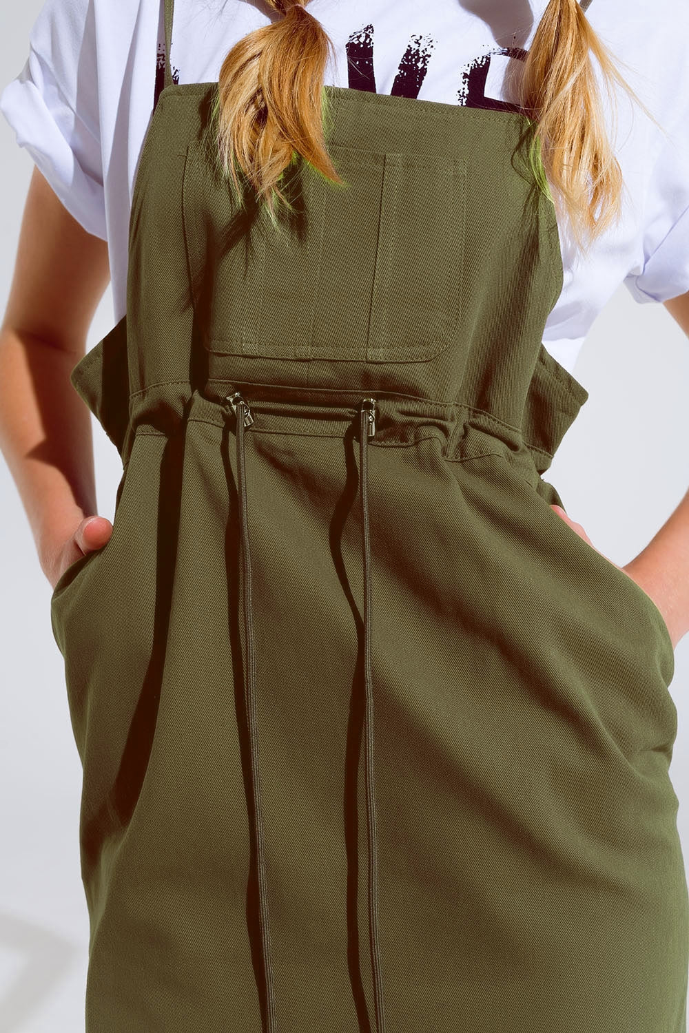 Overall zomerjurk khaki met spaghetti bandjes - 100% katoen