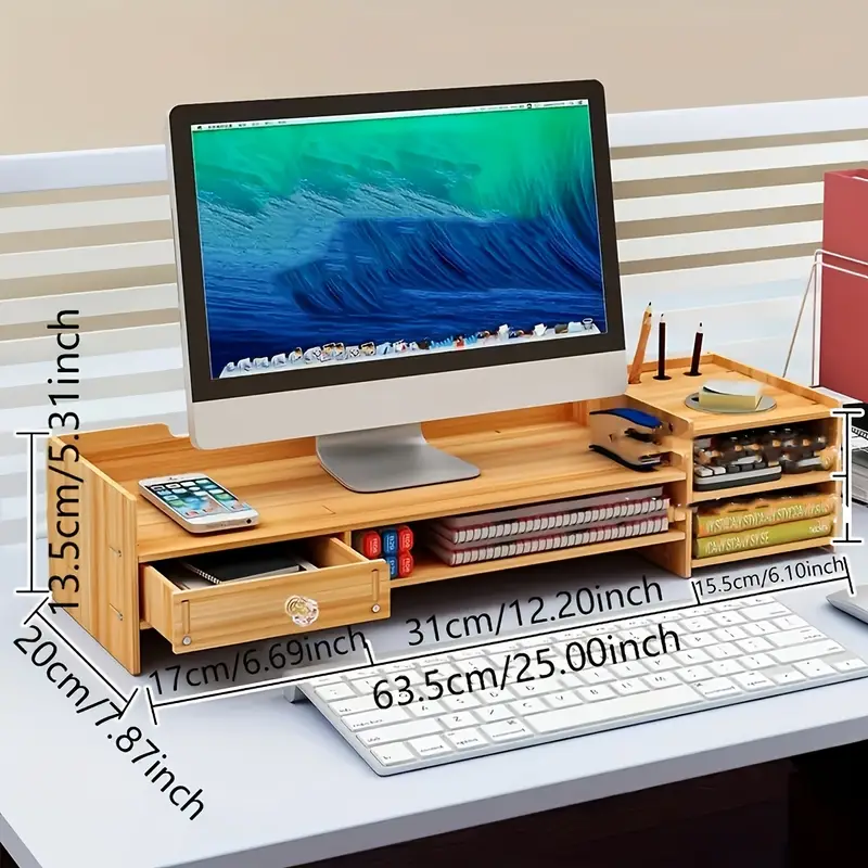 Wood Monitor Stand with Drawer & Keyboard Tray-3