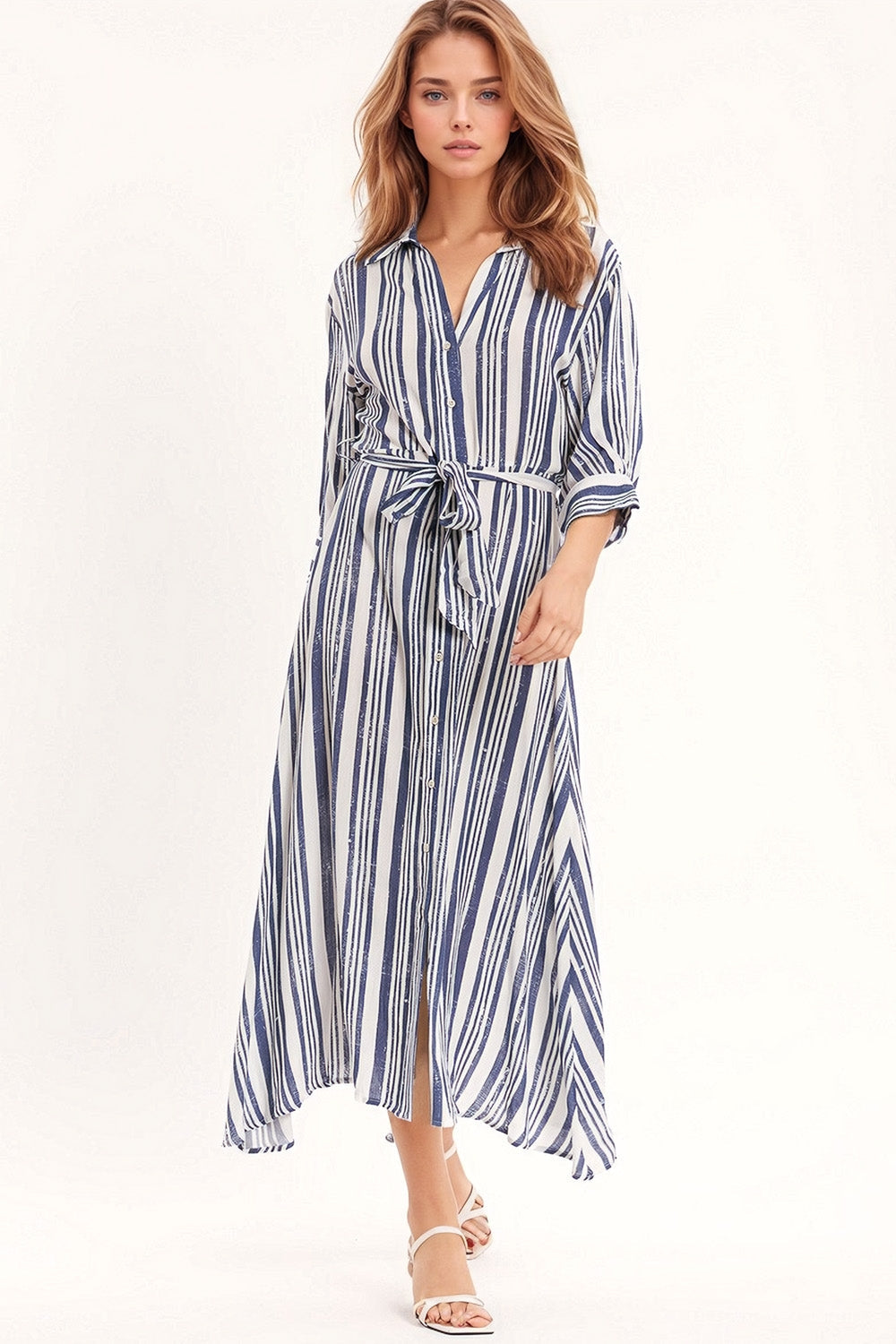 Maxi overhemd jurk gestreept - wit en blauw