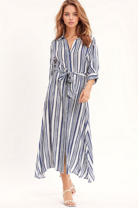 Maxi overhemd jurk gestreept - wit en blauw