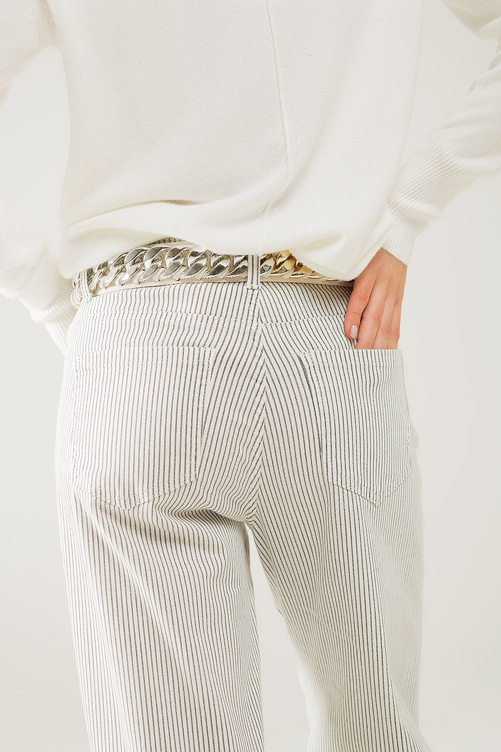 Gestreepte broek met rechte pijpen katoen- wit