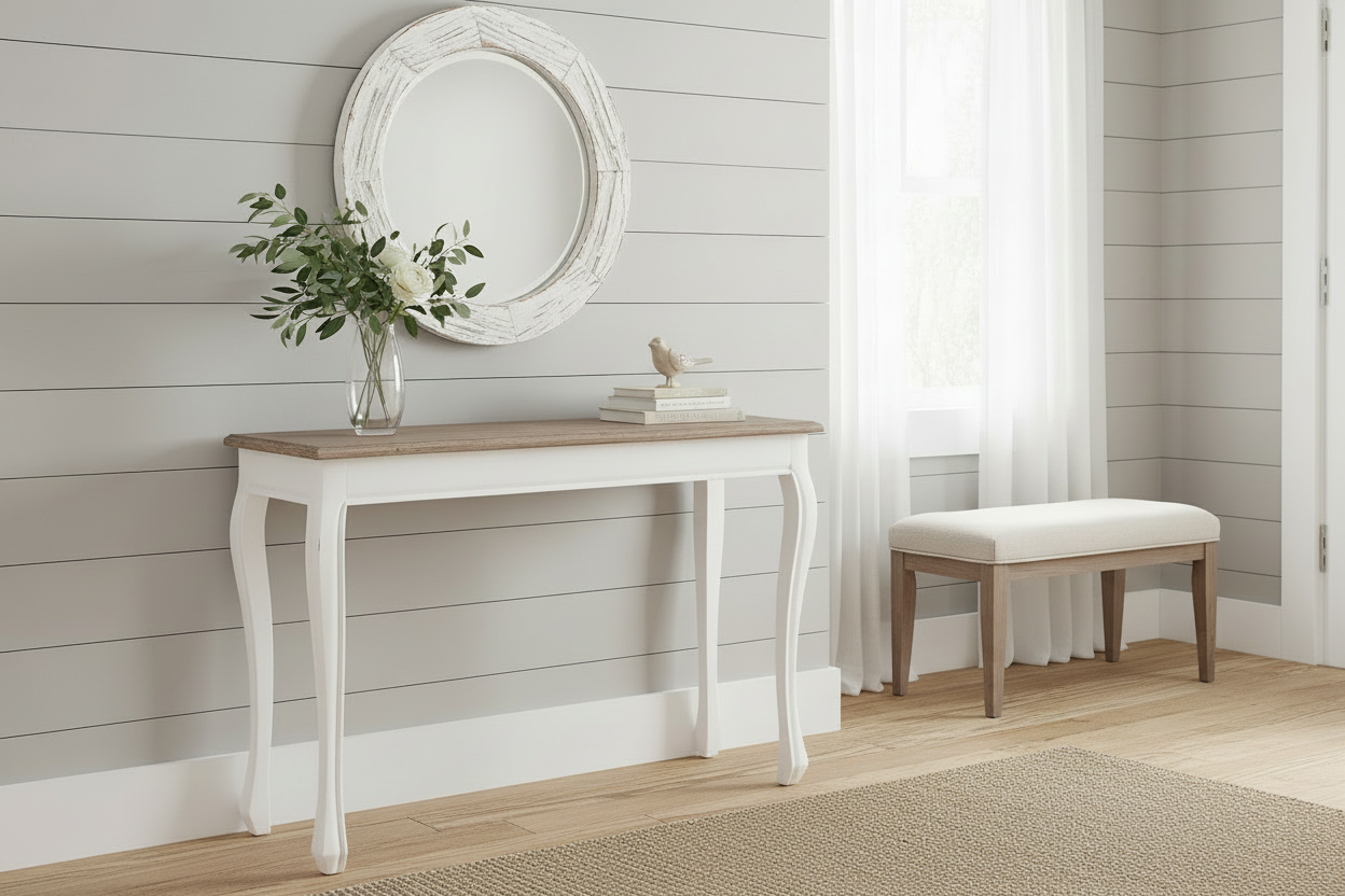 Smalle console tafel van gerecycled massief iepen hout - wit en bruin