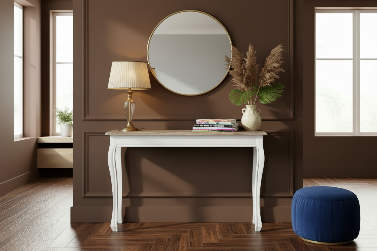 Smalle console tafel van gerecycled massief iepen hout - wit en bruin