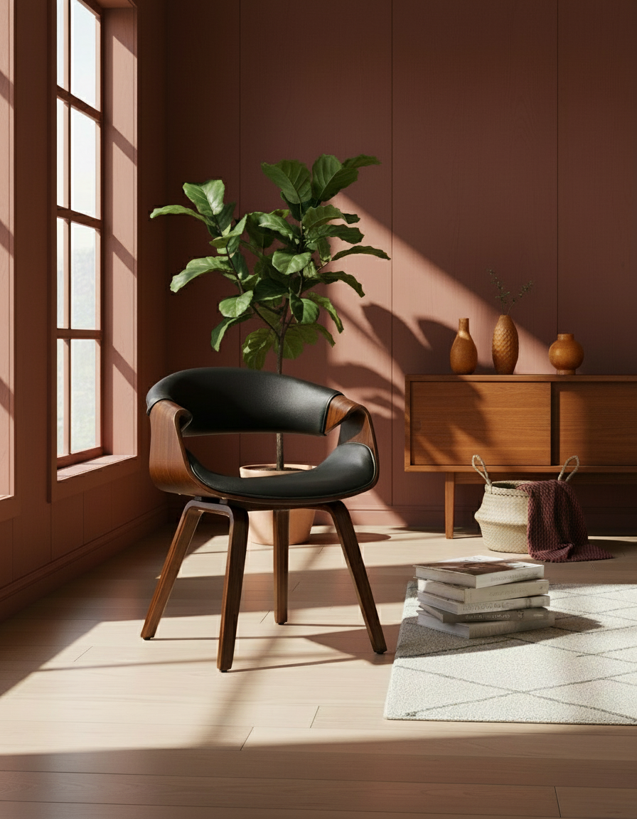 Design stoel ergonomisch met armleuning van hout en kunstleer - meerdere kleuren