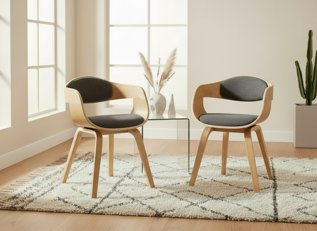 2 vintage stoelen set met armleuning van naturel hout en stof - meerdere kleuren
