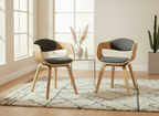 2 vintage stoelen set met armleuning van naturel hout en stof - meerdere kleuren