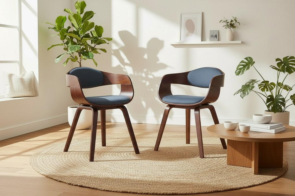 2 vintage stoelen set met armleuning van donker hout en stof - meerdere kleuren