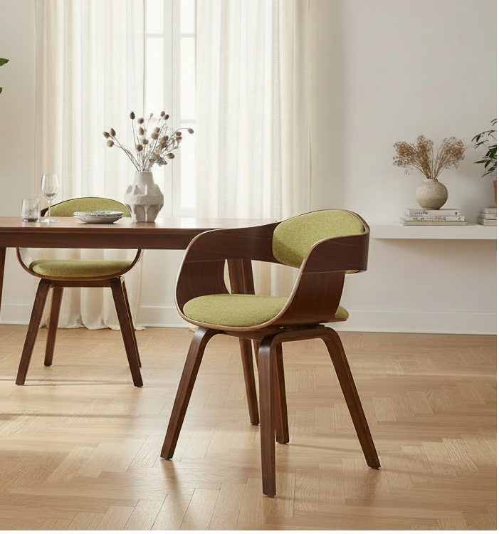 2 vintage stoelen set met armleuning van donker hout en stof - meerdere kleuren