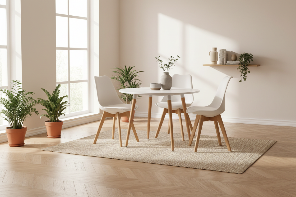 Eetkamer set compleet ronde tafel met 4 kuipstoelen van Beuken hout en kunststof - wit en bruin