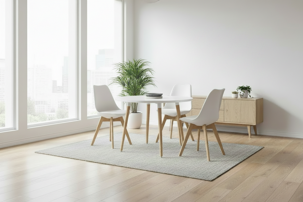 Eetkamer set compleet ronde tafel met 4 kuipstoelen van Beuken hout en kunststof - wit en bruin