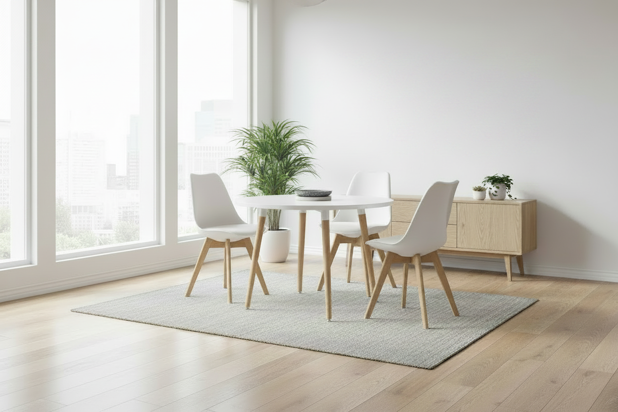 Eetkamer set compleet ronde tafel met 4 kuipstoelen van Beuken hout en kunststof - wit en bruin