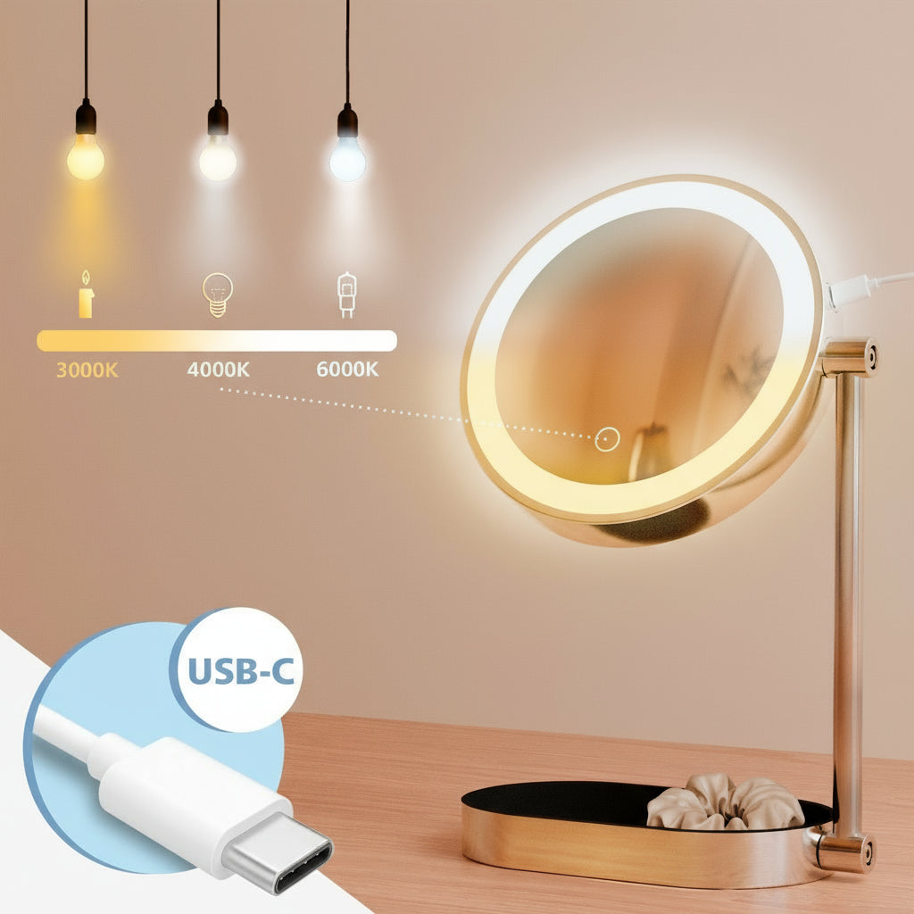 Make-up spiegel met led licht draaibaar rond - metaal zilver