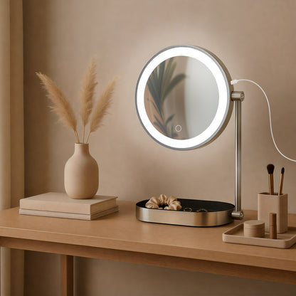 Make-up spiegel met led licht draaibaar rond - metaal zilver
