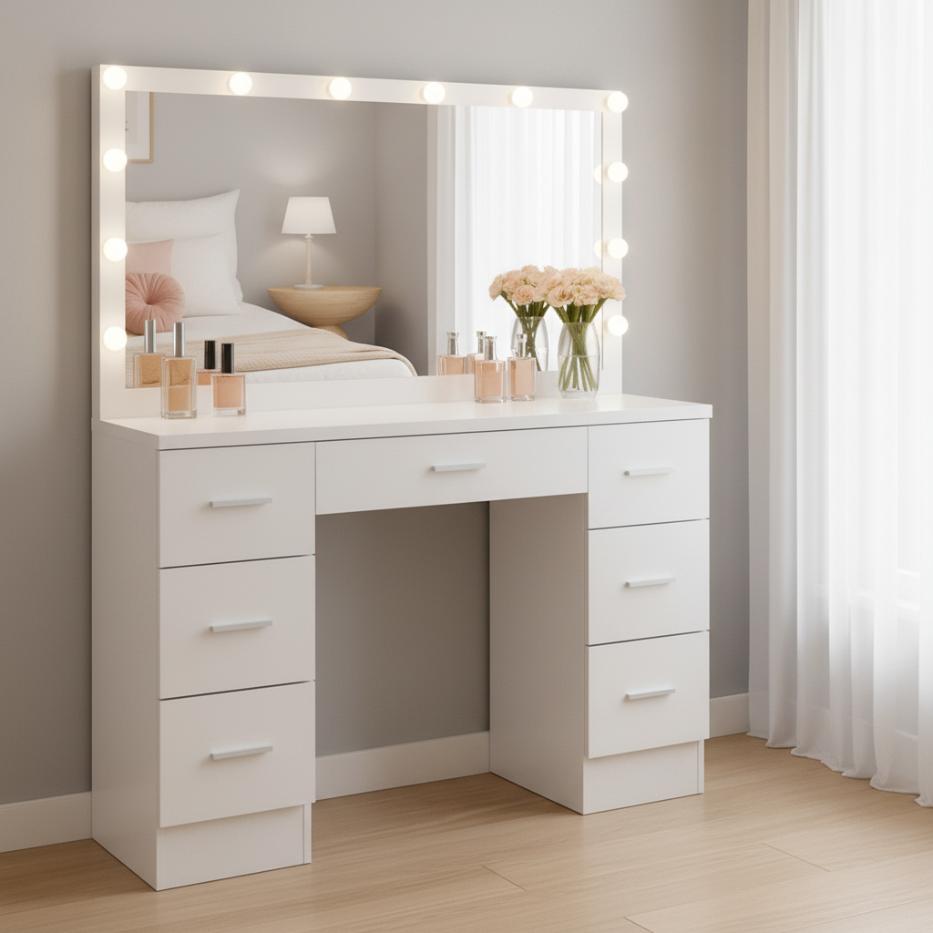 Moderne Hollywood kaptafel met spiegel en LED verlichting - wit