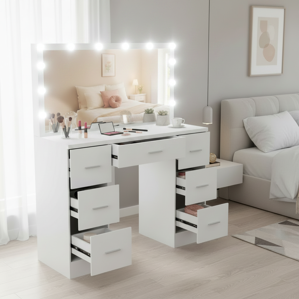 Moderne Hollywood kaptafel met spiegel en LED verlichting - wit