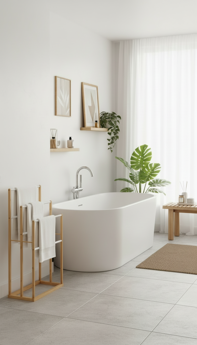 Handdoekenrek van bamboe hout - bruin en wit