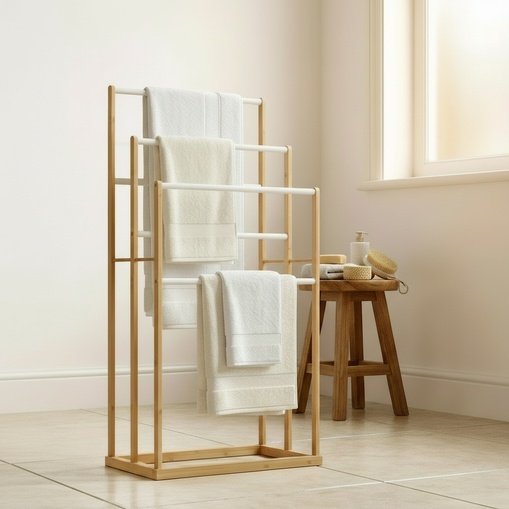 Handdoekenrek van bamboe hout - bruin en wit