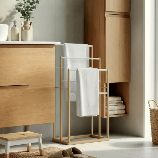 Handdoekenrek van bamboe hout - bruin en wit