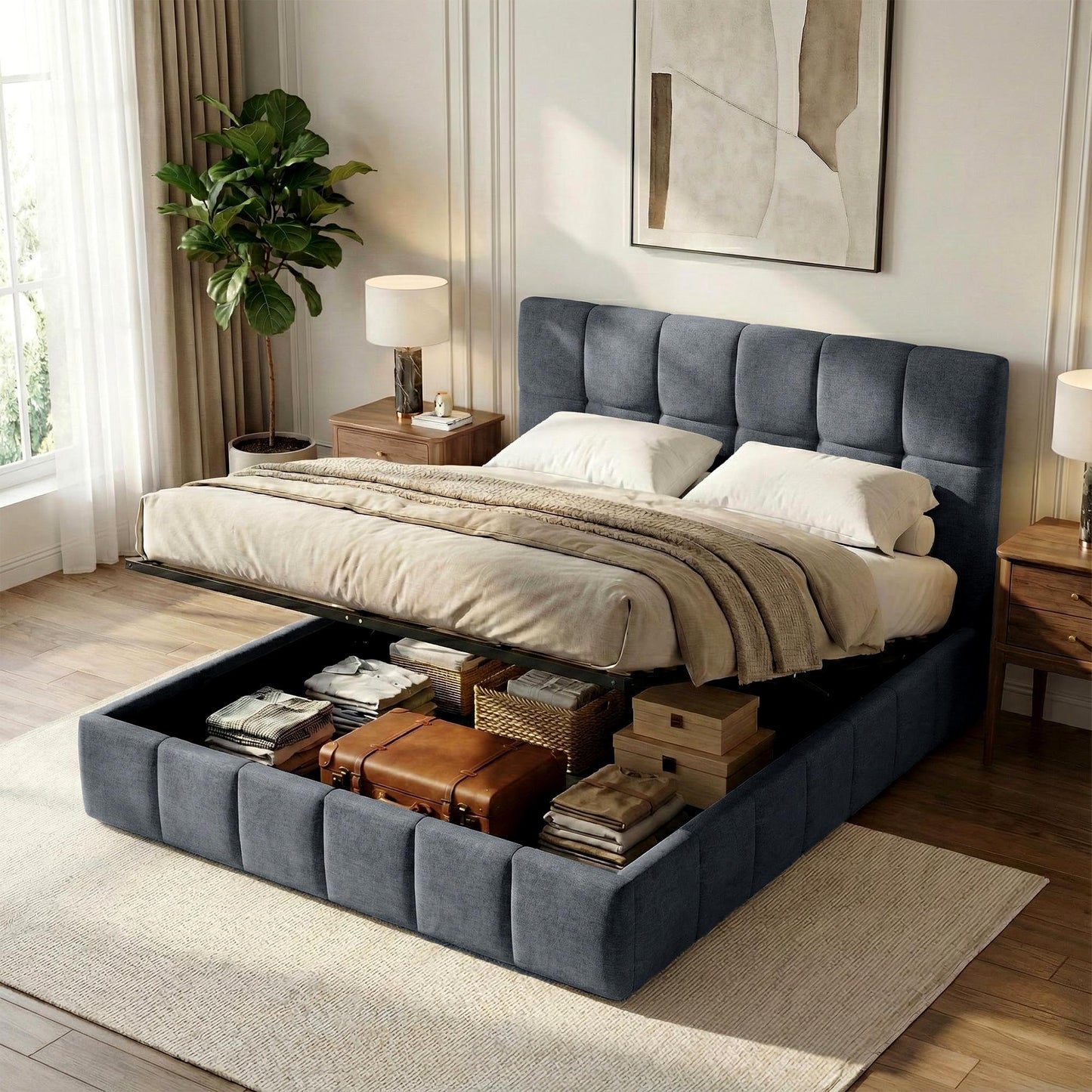 Bedframe gestoffeerd met mechanisme voor opbergruimte - meerdere maten en kleuren