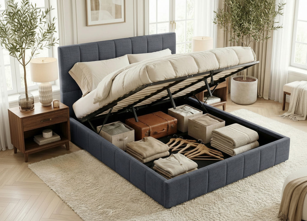 Bedframe gestoffeerd met mechanisme voor opbergruimte - meerdere maten en kleuren