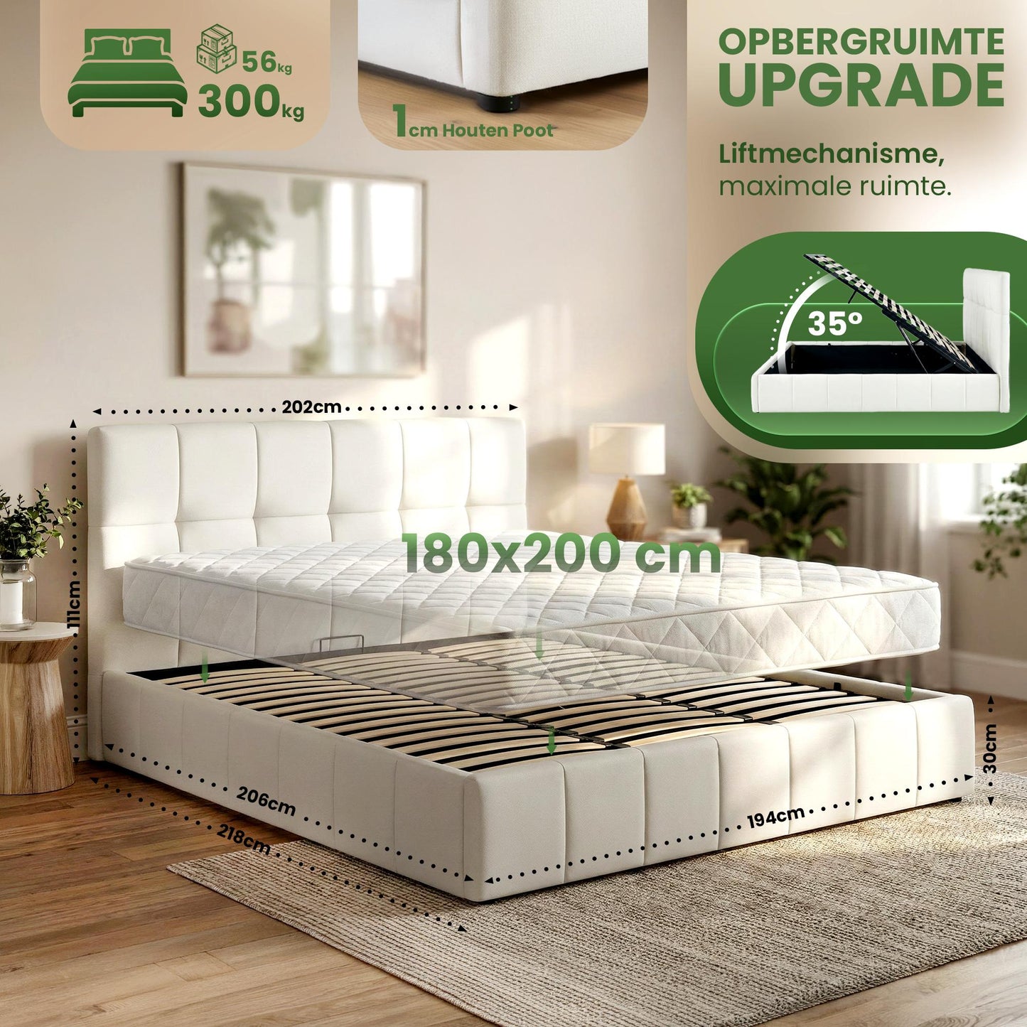 Bedframe gestoffeerd met mechanisme voor opbergruimte - meerdere maten en kleuren