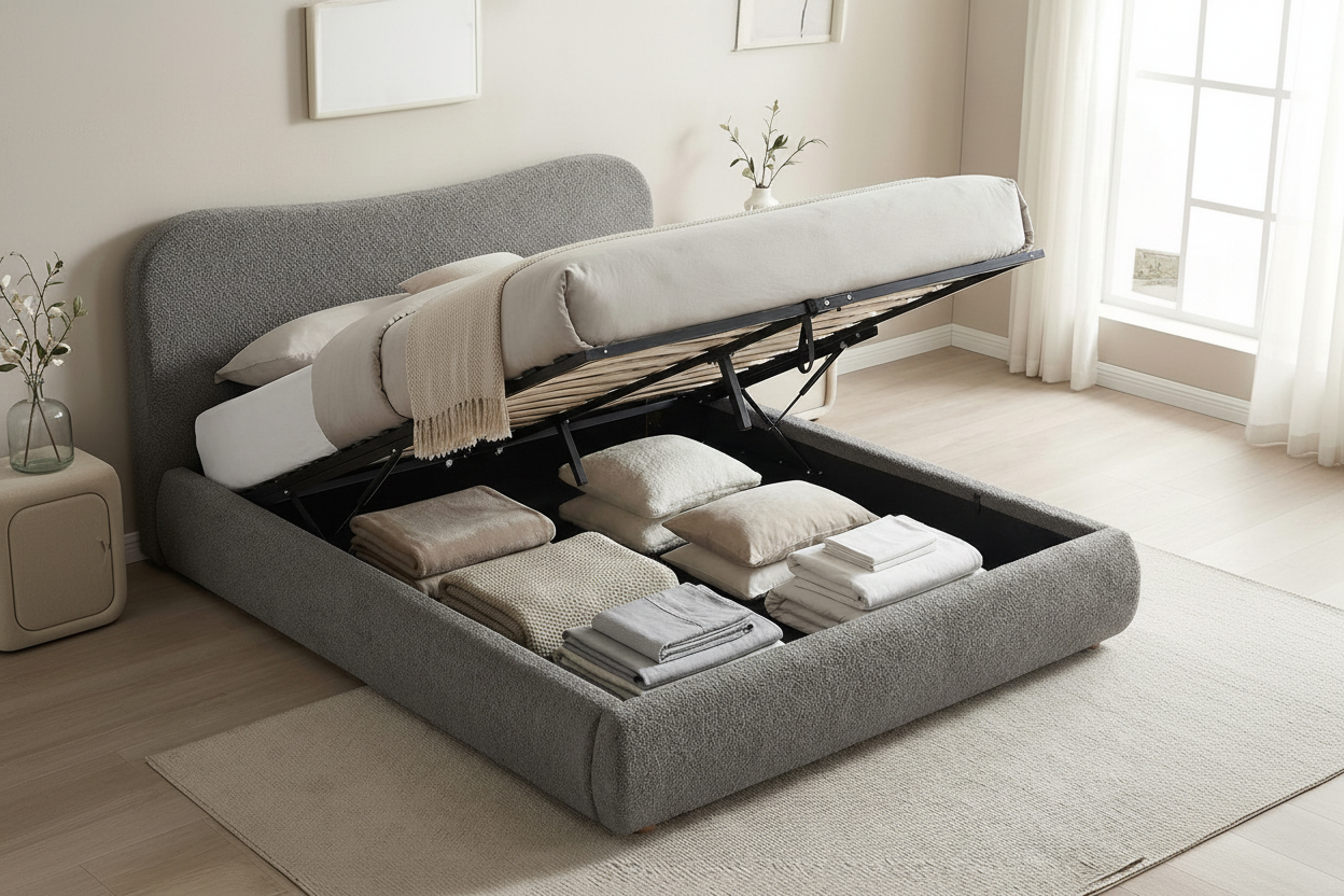 Gestoffeerd Teddy bedframe met mechanische opbergruimte - crème of grijs