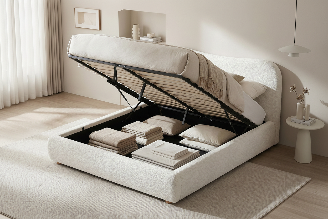 Gestoffeerd Teddy bedframe met mechanische opbergruimte - crème of grijs