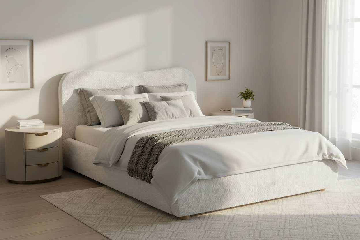 Gestoffeerd Teddy bedframe met mechanische opbergruimte - crème of grijs