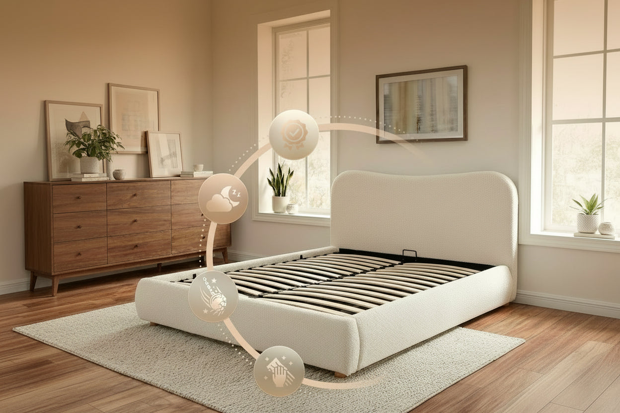 Gestoffeerd Teddy bedframe met mechanische opbergruimte - crème of grijs