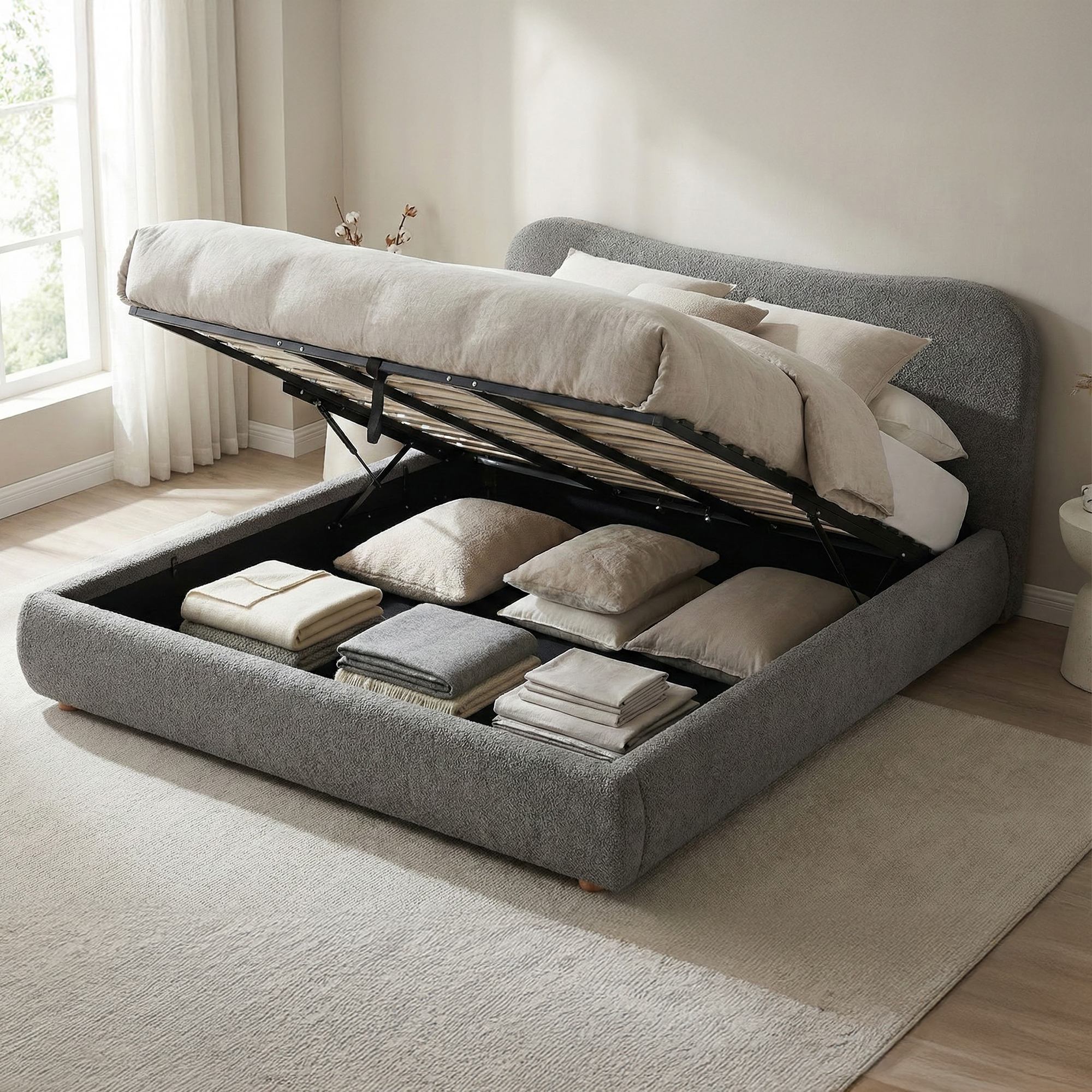 Gestoffeerd Teddy bedframe met mechanische opbergruimte - crème of grijs
