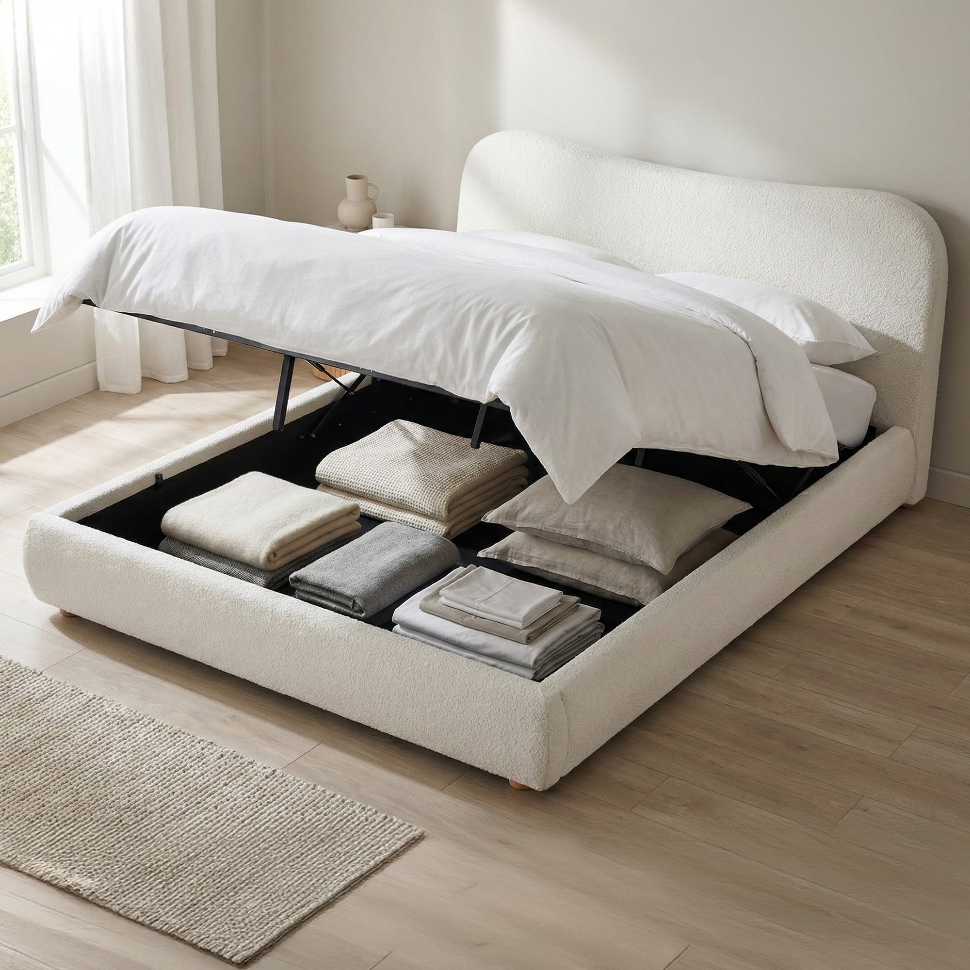 Gestoffeerd Teddy bedframe met mechanische opbergruimte - crème of grijs